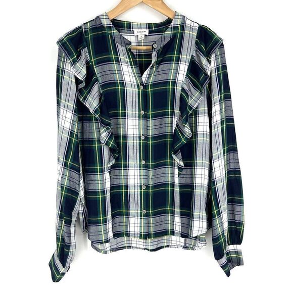 J Crew Top Size Small Womens Green Navy Ruffle Button Front Long Sleeve Plaid - Picture 1 of 7
